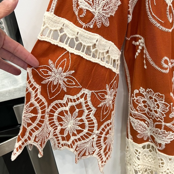 Ania A. Burnt Orange Scalloped Bell Sleeve Embroidered BOHO Top - Picture 7 of 10